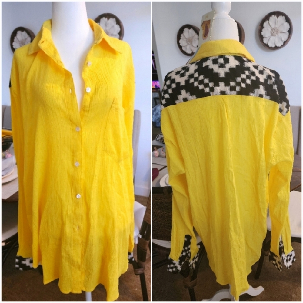 NwT Vibrant Yellow Cotton Gauze Button Down Swim Cover Up Beach Shirt Sz L